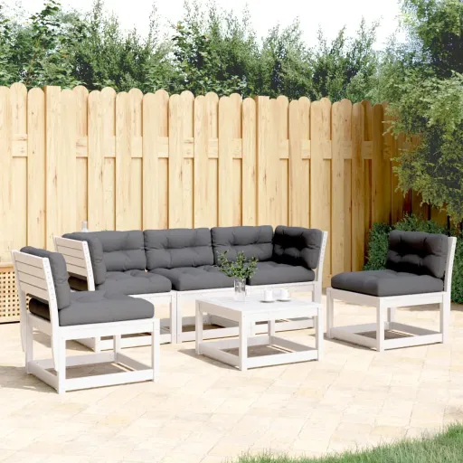Conj. Sofás de Jardim c/ Almofadões Pinho Maciço Branco (5 pcs)