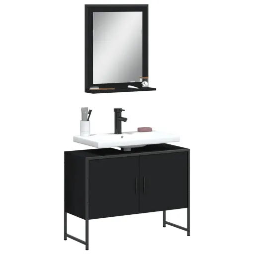 Conjunto Móveis Casa de Banho Derivados de Madeira Preto (2 pcs)