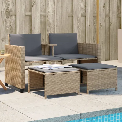 Sofá de Jardim de 2 Lugares com Mesa e Bancos Vime PE Bege