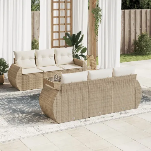 Conjunto de Sofás p/ Jardim com Almofadões Vime PE Bege (7 pcs)