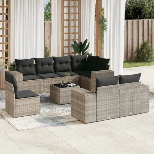 Conj. Sofás Jardim com Almofadões Vime PE Cinzento-Claro (9 pcs)