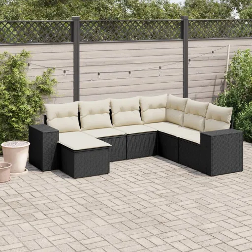 Conjunto de Sofás p/ Jardim c/ Almofadões Vime PE Preto (7 pcs)