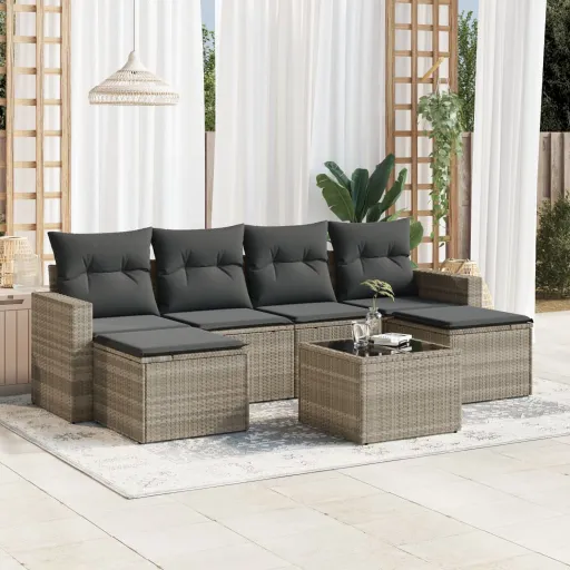 Conj. Sofás Jardim com Almofadões Vime PE Cinzento-Claro (7 pcs)