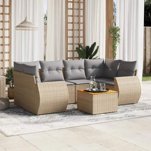 Conjunto de Sofás p/ Jardim com Almofadões Vime PE Bege (7 pcs)