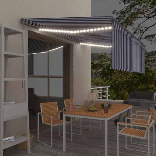 Toldo Retrátil Manual com Estore/LED 4x3 m Azul e Branco