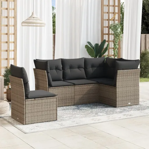 Conjunto Sofás de Jardim c/ Almofadões Vime PE Cinzento (5 pcs)