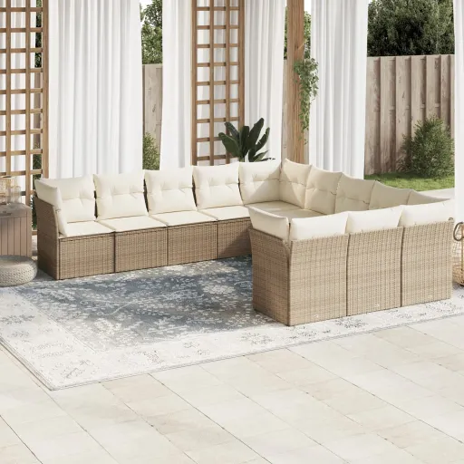 Conjunto Sofás de Jardim c/ Almofadões Vime PE Bege (11 pcs)