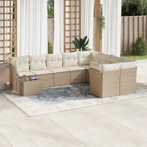 Conjunto de Sofás p/ Jardim com Almofadões Vime PE Bege (10 pcs)