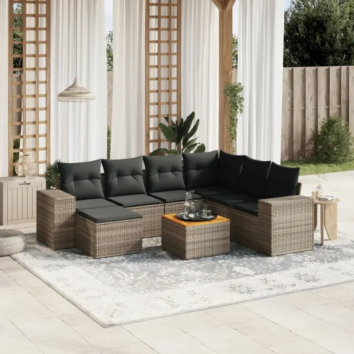 Conjunto Sofás de Jardim c/ Almofadões Vime PE Cinzento (8 pcs)