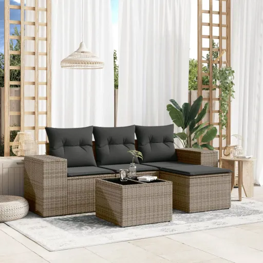 Conjunto Sofás de Jardim c/ Almofadões Vime PE Cinzento (5 pcs)