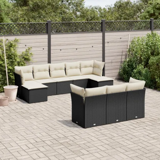 Conjunto Sofás de Jardim c/ Almofadões Vime PE Preto (10 pcs)