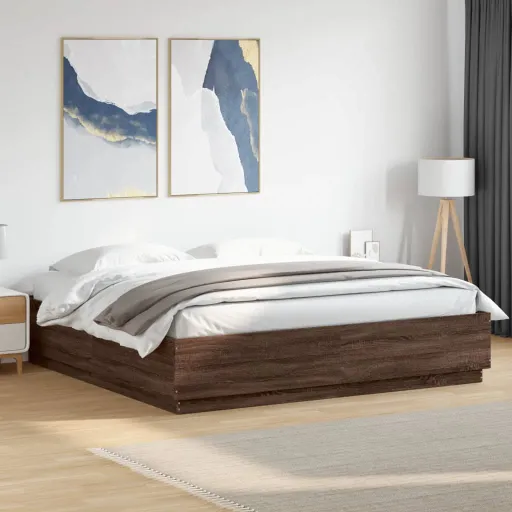 Estrutura Cama c/ Luzes LED Derivados Madeira Carvalho Castanho