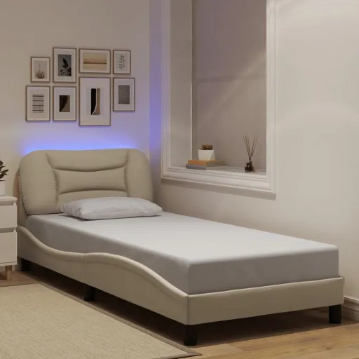 Estrutura de Cama com LED Sem Colchão Hvar 80x200 cm Tecido Creme