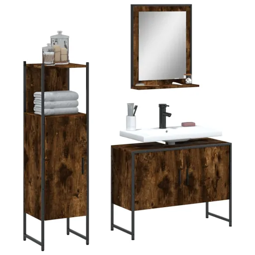 Conjunto Móveis WC Derivados de Madeira Carvalho Fumado (3 pcs)