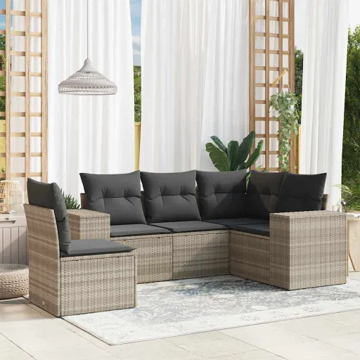 Conj. Sofás Jardim c/ Almofadões Vime PE Cinzento-Claro (5 pcs)