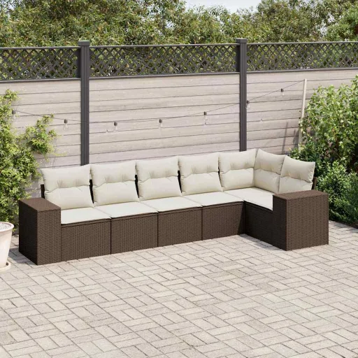 Conjunto de Sofás Jardim c/ Almofadões Vime PE Castanho (6 pcs)