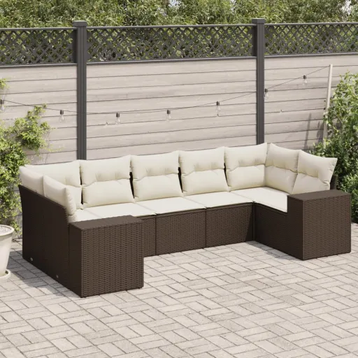 Conjunto de Sofás Jardim c/ Almofadões Vime PE Castanho (7 pcs)