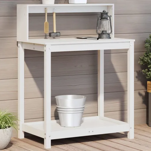 Mesa de Jardinagem com Prateleiras Madeira Pinho Maciça Branco