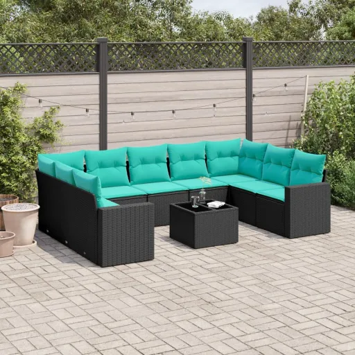 Conjunto de Sofás p/ Jardim c/ Almofadões Vime PE Preto (10 pcs)