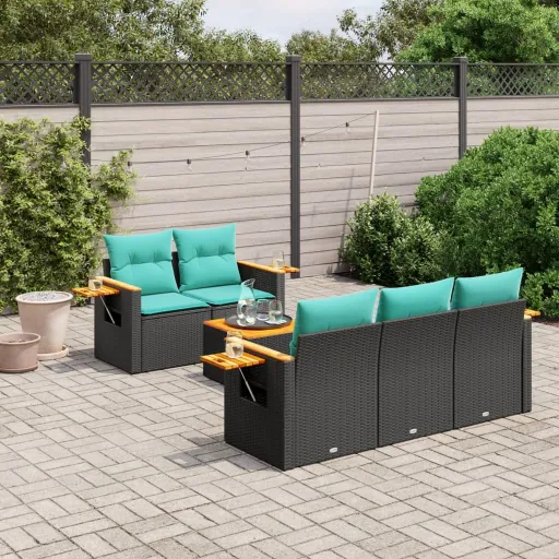 Conjunto de Sofás p/ Jardim c/ Almofadões Vime PE Preto (6 pcs)