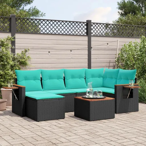 Conjunto de Sofás p/ Jardim c/ Almofadões Vime PE Preto (7 pcs)