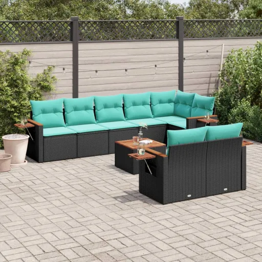 Conjunto de Sofás p/ Jardim c/ Almofadões Vime PE Preto (9 pcs)