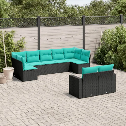 Conjunto de Sofás p/ Jardim c/ Almofadões Vime PE Preto (9 pcs)
