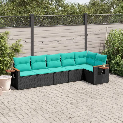 Conjunto de Sofás p/ Jardim c/ Almofadões Vime PE Preto (6 pcs)