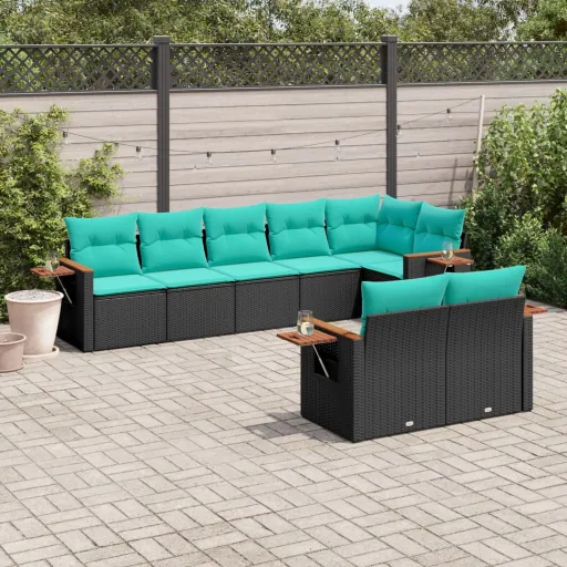 Conjunto de Sofás p/ Jardim c/ Almofadões Vime PE Preto (8 pcs)