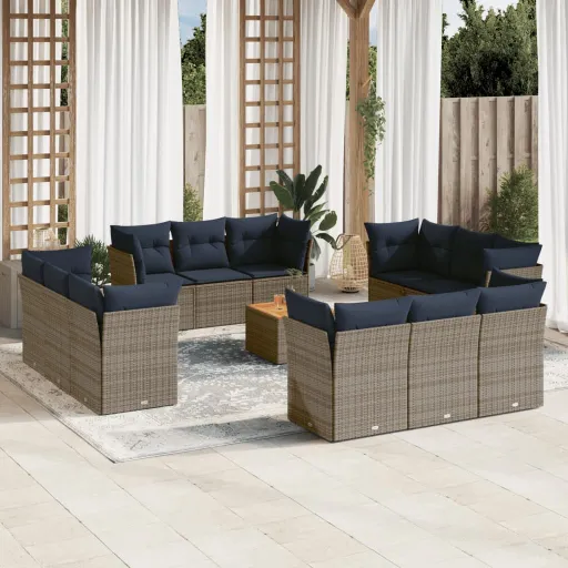 Conjunto Sofás p/ Jardim c/ Almofadões Vime PE Cinzento (13 pcs)