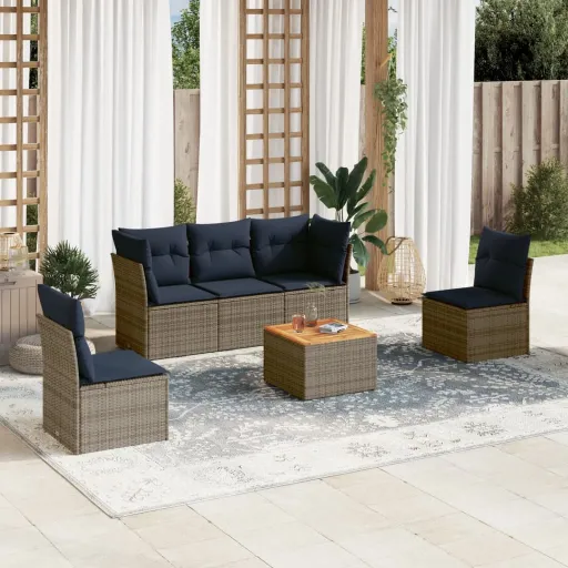 Conjunto Sofás p/ Jardim c/ Almofadões Vime PE Cinzento (6 pcs)