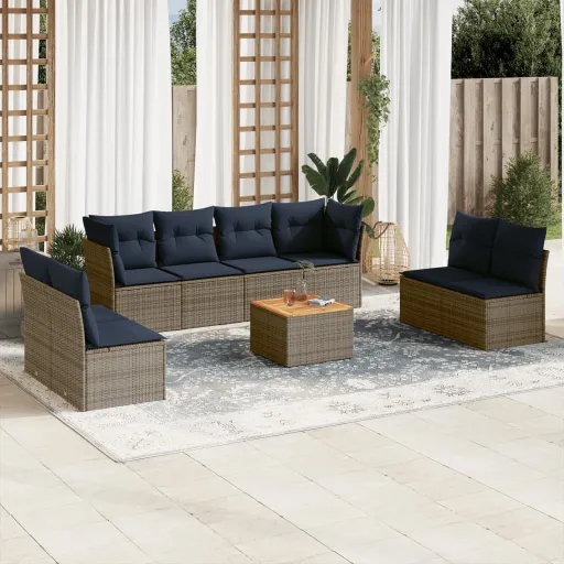 Conjunto Sofás p/ Jardim c/ Almofadões Vime PE Cinzento (9 pcs)