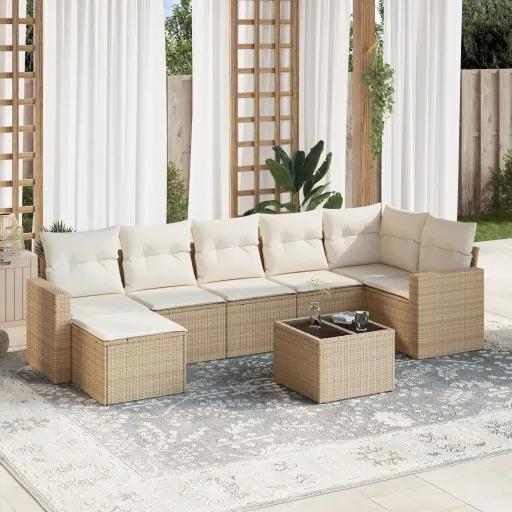 Conjunto de Sofás p/ Jardim com Almofadões Vime PE Bege (8 pcs)