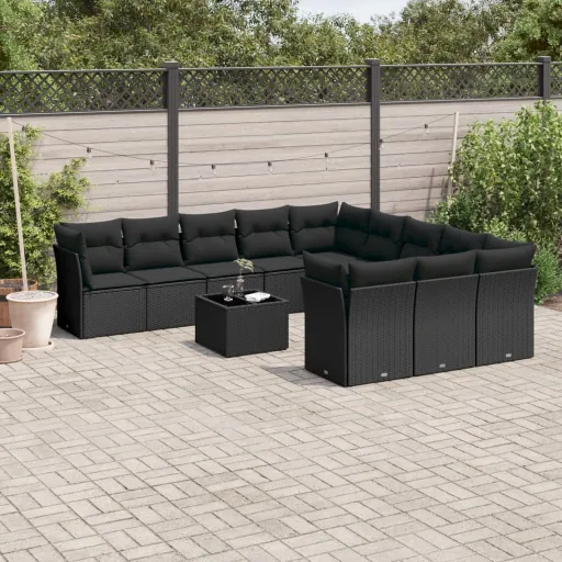 Conjunto de Sofás de Jardim c/ Almofadões Vime PE Preto (12 pcs)