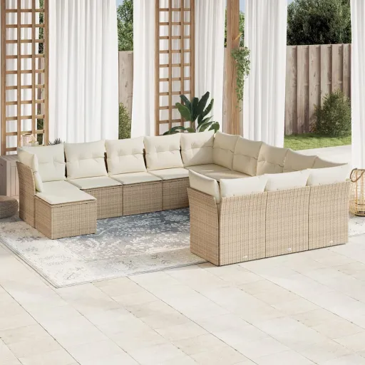 Conjunto de Sofás p/ Jardim com Almofadões Vime PE Bege (12 pcs)