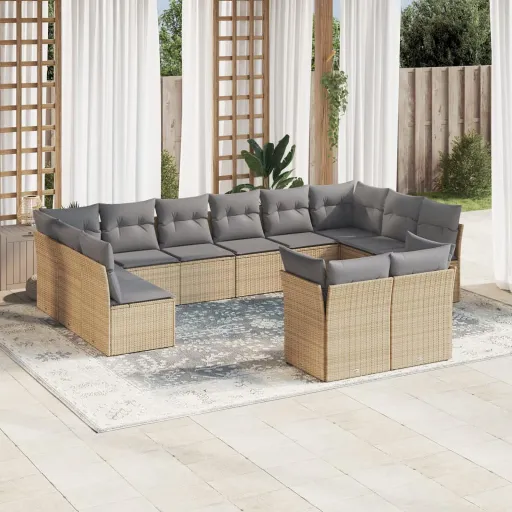 Conjunto de Sofás p/ Jardim com Almofadões Vime PE Bege (12 pcs)
