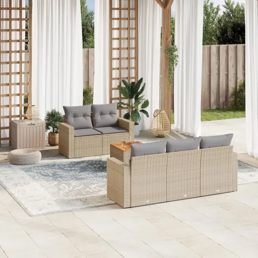 Conjunto de Sofás p/ Jardim com Almofadões Vime PE Bege (6 pcs)