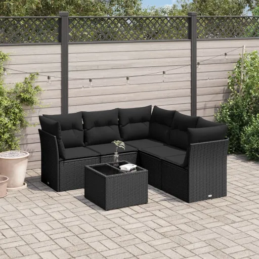 Conjunto Sofás de Jardim c/ Almofadões Vime PE Preto (6 pcs)