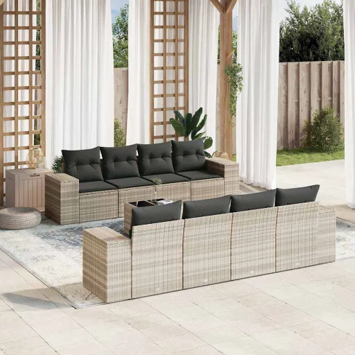 Conj. Sofás Jardim com Almofadões Vime PE Cinzento-Claro (9 pcs)