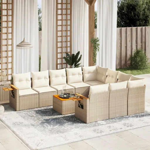 Conjunto Sofás de Jardim c/ Almofadões Vime PE Bege (11 pcs)