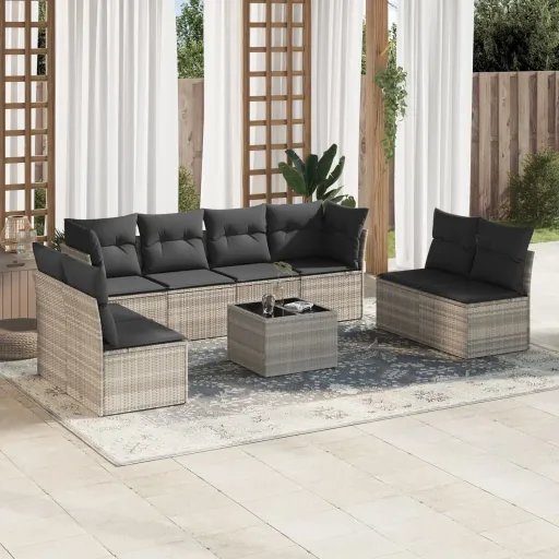 Conj. Sofás Jardim com Almofadões Vime PE Cinzento-Claro (9 pcs)