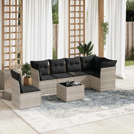 Conj. Sofás Jardim com Almofadões Vime PE Cinzento-Claro (7 pcs)