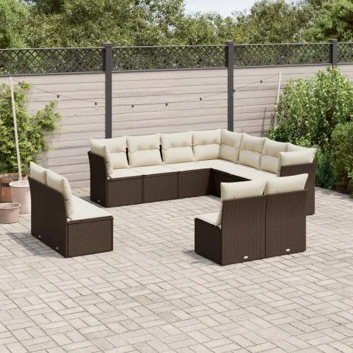 Conjunto Sofás de Jardim c/ Almofadões Vime PE Castanho (11 pcs)