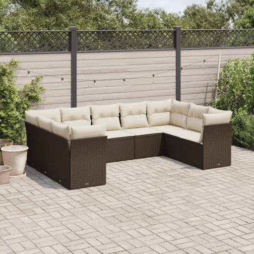 Conjunto Sofás p/ Jardim c/ Almofadões Vime PE Castanho (9 pcs)
