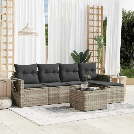 Conj. Sofás Jardim com Almofadões Vime PE Cinzento-Claro (6 pcs)