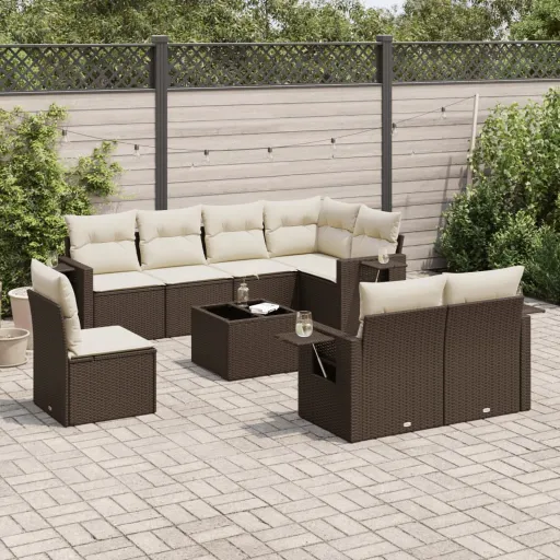 Conjunto Sofás p/ Jardim c/ Almofadões Vime PE Castanho (9 pcs)