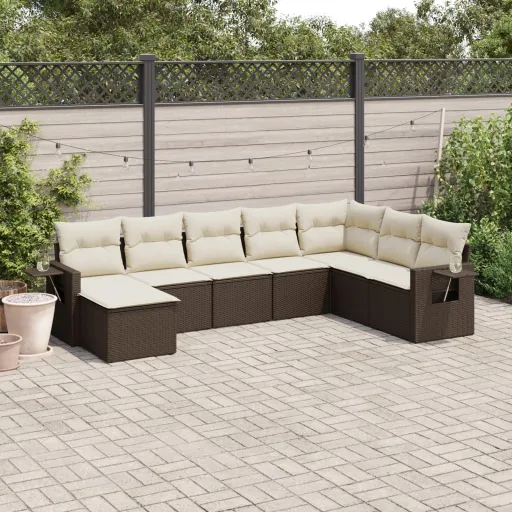 Conjunto Sofás de Jardim c/ Almofadões Vime PE Castanho (8 pcs)