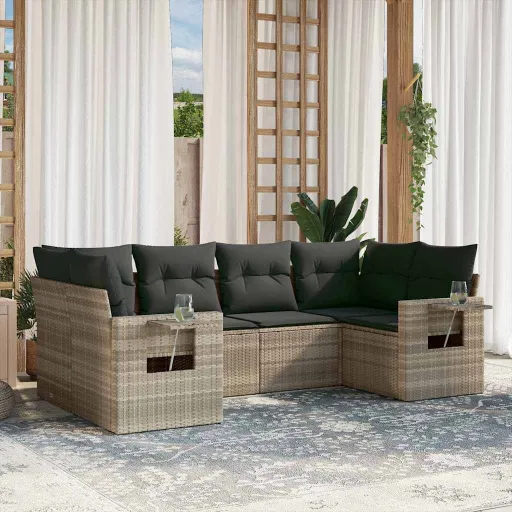 Conj. Sofás Jardim com Almofadões Vime PE Cinzento-Claro (6 pcs)