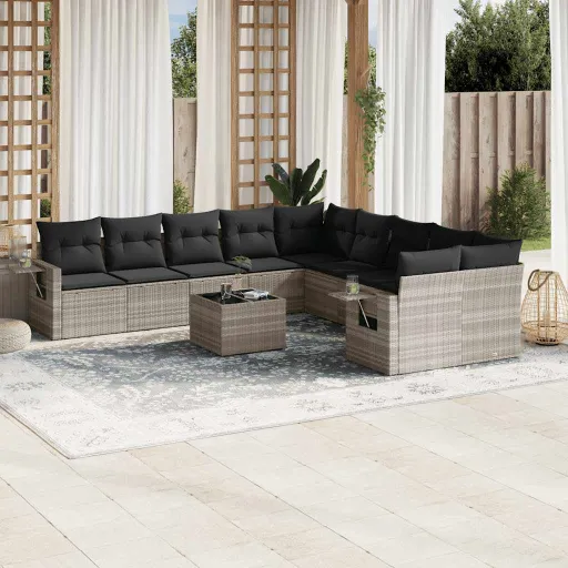 Conjunto Sofás de Jardim c/ Almofadões Vime PE Cinzento (11 pcs)