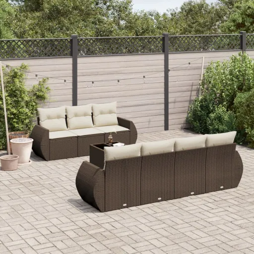 Conjunto Sofás de Jardim c/ Almofadões Vime PE Castanho (8 pcs)